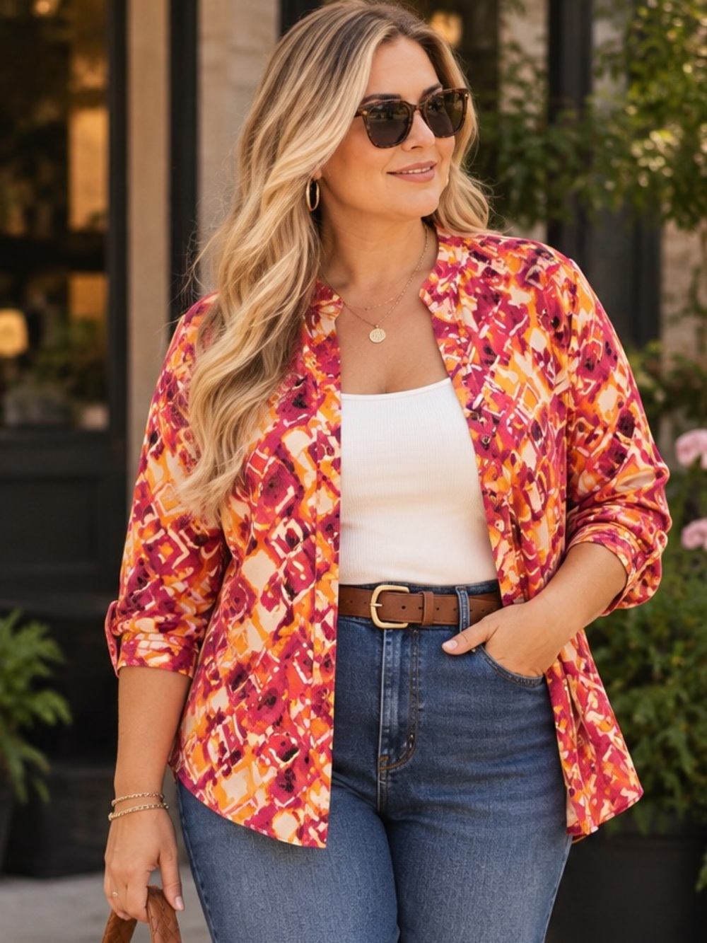 Breckenridge Woman 2X Abstract Print Cotton Button Down Tunic Blouse Pink Orange